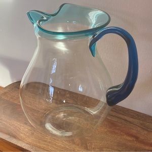 Cobalt blue and turquoise blown glass drink pitcher jug